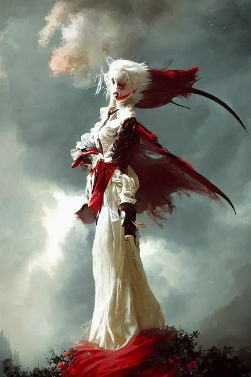 Prompt: a vampire with long light white hair and a red scarf, windy, ribbons, melancholic, modern maximalist fashion dress, is ( ( holding a sword ) ). light dust, magnificent, hyperdetailed, theatrical, painted by jean honore fragonard and greg rutkowski