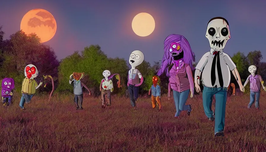 Image similar to night of the living dead by lisa frank's. rotting corpse, zombies, octane render, unreal 5 8 k depth of field, highly - detailed, in the style of family guy