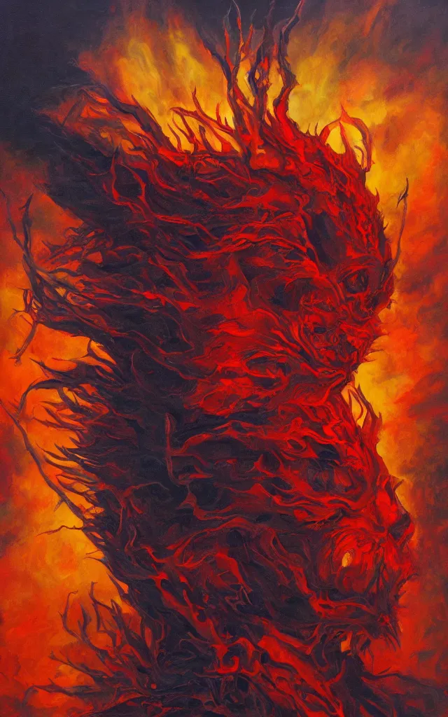 Prompt: red king of the amber mythos fallen celestial spirit, award winning oil painting, sharp color palette