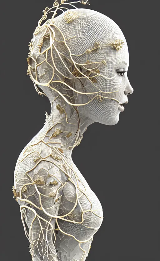 Image similar to complex 3d render of a beautiful porcelain profile woman face, vegetal dragon cyborg, 150 mm, beautiful natural soft light, rim light, silver gold details, magnolia leaves and stems, roots, fine lace, maze like, mandelbot fractal, anatomical, facial muscles, cable wires, microchip, elegant, highly detailed, white metallic armour, octane render, black and white, H.R. Giger style