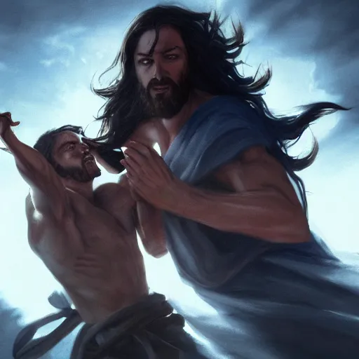 Prompt: Jesus fighting the devil, dynamic lighting, photorealistic concept art, trending on art station, stunning visuals, creative, cinematic, ultra detailed