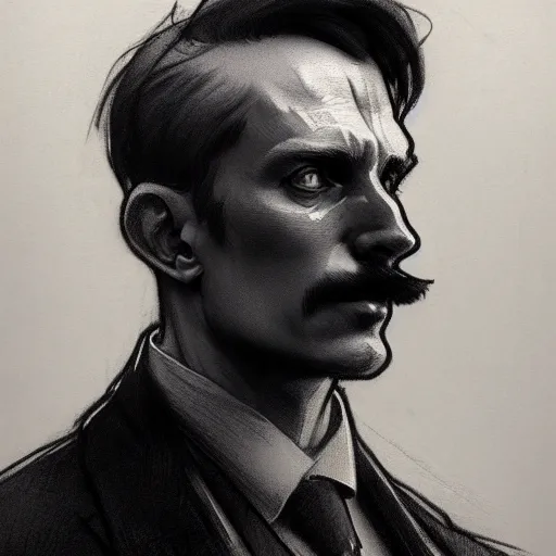 Image similar to charcoal drawing portrait of a man in suit by darek zabrocki and greg ruthkowski, alphonse mucha, simon stalenhag and cinematic and atmospheric, concept art, artstation, trending on artstation
