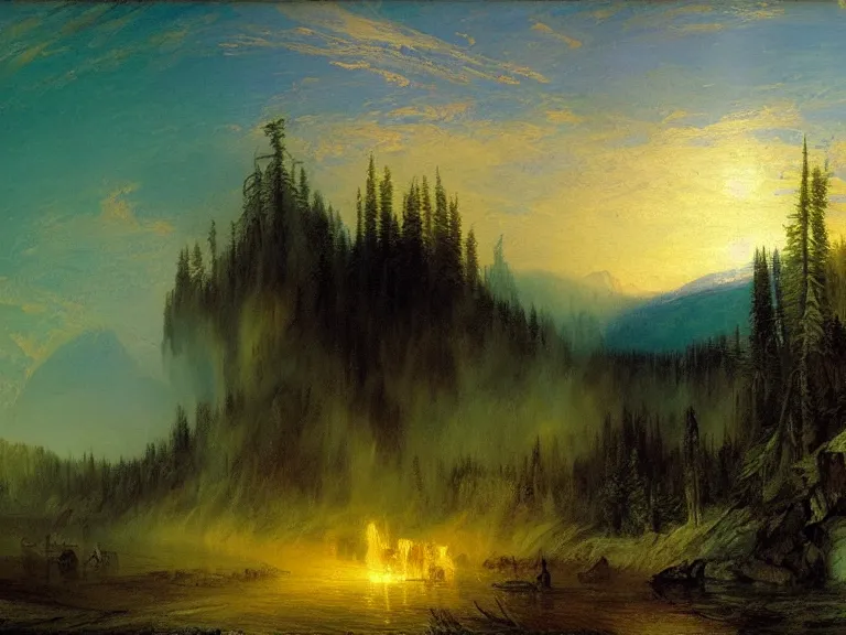 Prompt: 'Canadian Wilderness, cold, December' by J.M.W Turner. Hue breaking and color management, concept art. Epic fantasy landscape