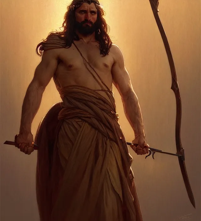 Image similar to portrait of biblical cain holding a spear, intricate, headshot, highly detailed, digital painting, artstation, concept art, sharp focus, cinematic lighting, illustration, art by artgerm and greg rutkowski, alphonse mucha, cgsociety