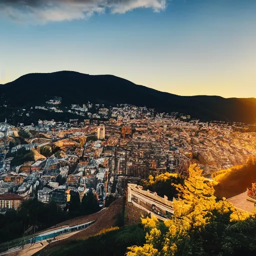 Image similar to city on a cliff, small city on hillside cliff, golden hour