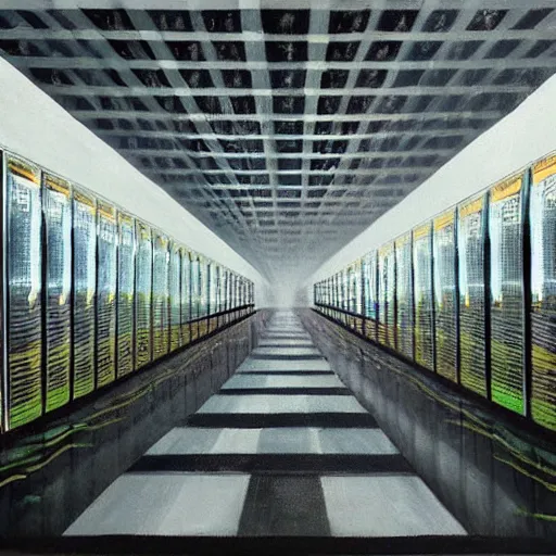 Image similar to a painting of inside of a high end data center that's caught fire!!!!!!!, fire on data center