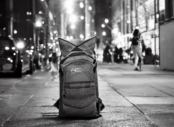 Image similar to photography of a Cat being carried in an half open backpack . in a new york street. award winning photo, led lighting, night, 130mm, sharp, high res