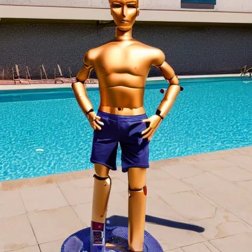 Image similar to a realistic detailed photo of a guy who is an attractive humanoid who is half robot and half humanoid, who is a male android, soccer player cristiano ronaldo, shiny skin, posing like a statue, blank stare, by the pool, on display, showing off his muscles, humanoid robot, gold soccer shorts