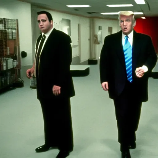 Image similar to a TV still from the TV The Sopranos of Donald Trump running away from the Feds