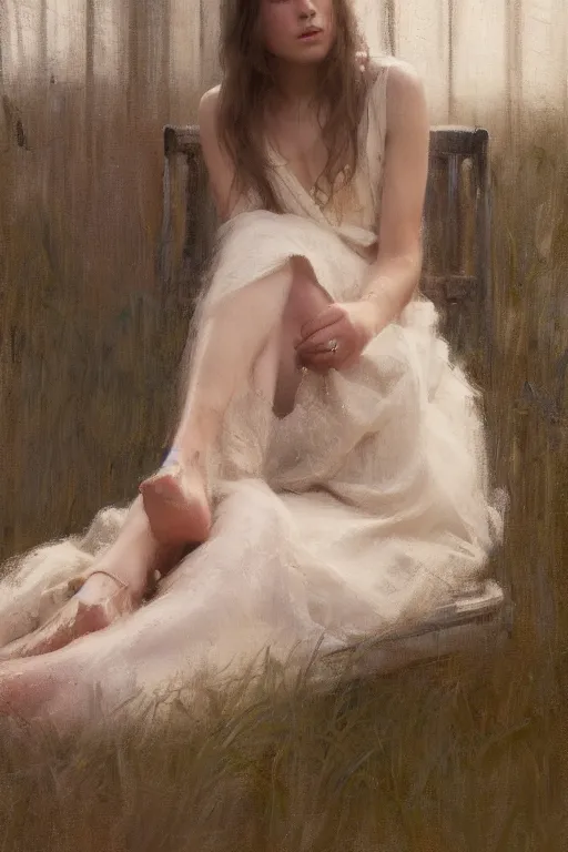 Prompt: girl with long hair, summer dress, sitting on designer chair, dramatic light, cinematic, bare feet, 8 k, by jeremy lipking, jeremy mann, ron hicks, casey baugh