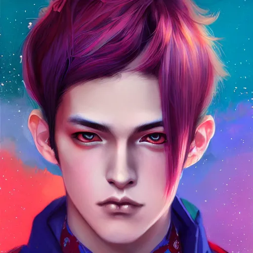 Image similar to colorful and festive captivating teenager boy with straight indigo hair, purple eyes with red eye markers, slim body, wearing a detailed japanese kimono. rich vivid colors, ambient lighting, dynamic lighting, 4 k, atmospheric lighting, painted, intricate, highly detailed by charlie bowater