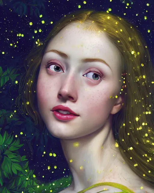 Image similar to a happy young woman looking over shoulder, intricate detailed dress, among the lights of golden fireflies, sitting in the midst of nature, long loose red hair, bright green eyes, small nose with freckles, triangle shape face, smiling, dreamy scene, golden ratio, high contrast, photo realistic digital art by caravaggio and artgerm.