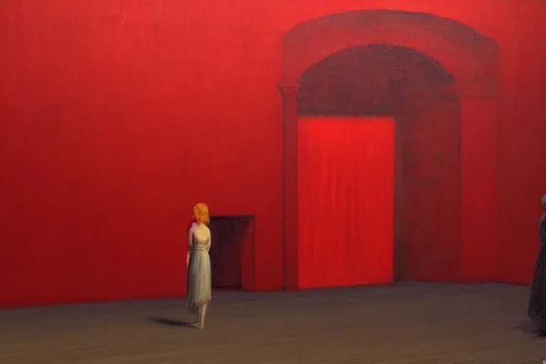 Image similar to only with red, crowd screaming, an exposed painting in a roman theater, in the style of beksinski, parts by edward hopper, parts by rodcenko, parts by yue minjun, intricate and epic composition, red by caravaggio, insanely quality, highly detailed, masterpiece, red light, artstation, 4 k