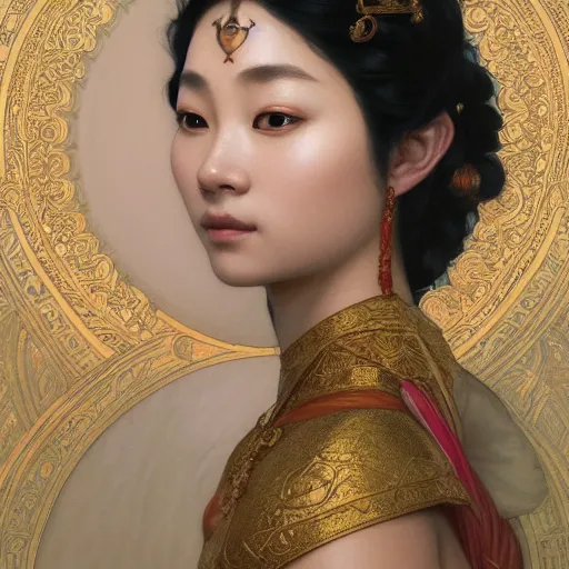 Image similar to portrait of asian goddess, intricate, elegant, highly detailed, digital painting, artstation, concept art, smooth, sharp focus, illustration, art by artgerm and greg rutkowski and alphonse mucha and william - adolphe bouguereau