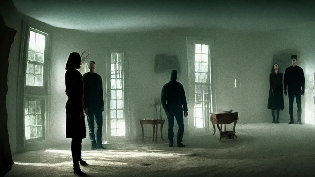 Image similar to the strangers inside the upside down house, film still from the movie directed by denis villeneuve and david cronenberg, with art direction by salvador dali, wide lens