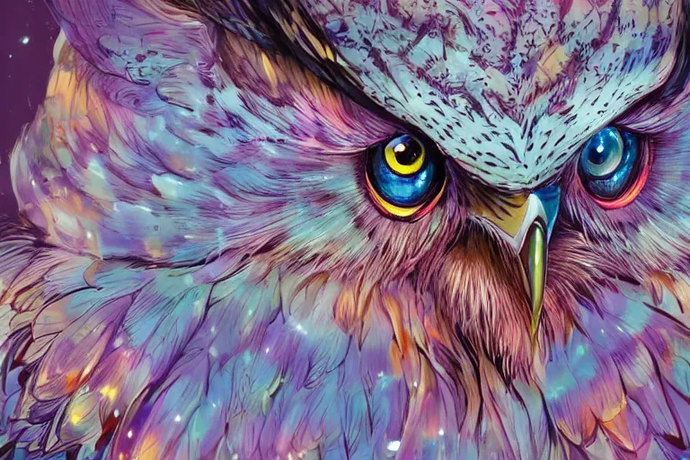 Prompt: maximalist realistic owl, trending on pixiv fanbox, painted by makoto shinkai takashi takeuchi studio ghibli, akihiko yoshida, yoshitaka amano, wangechi mutu, clean cel shaded vector art. shutterstock. behance hd by lois van baarle, artgerm, helen huang, rossdraws, illustration