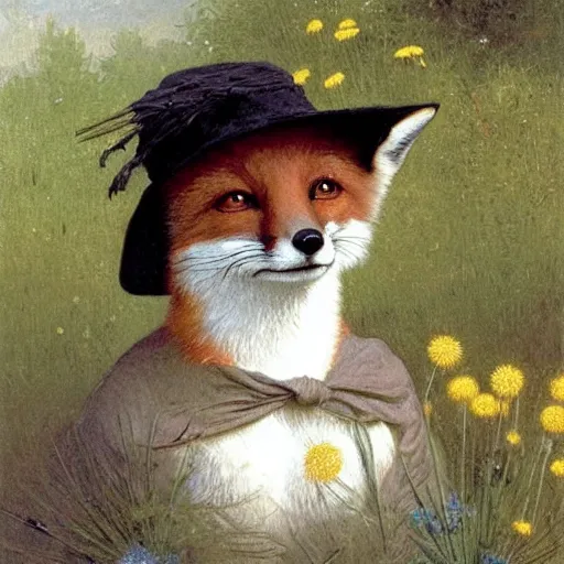 Prompt: A portrait of a fox wearing a hat which is covered in dandelions. The fox is cute and smiling. Painting by Robert Cleminson and William-Adolphe Bouguereau