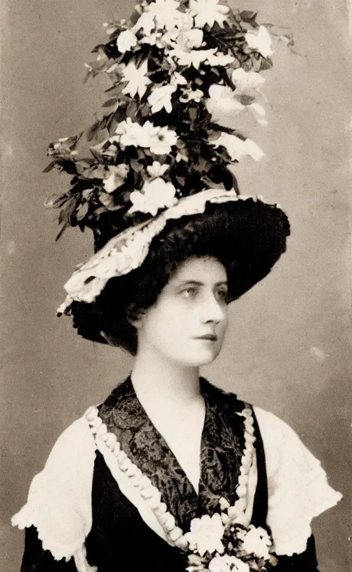 Image similar to portrait! of a lovely lady! wearing a big hat! edwardian haircut! 1 9 0 0 s! edwardian dress! flowers behind her!