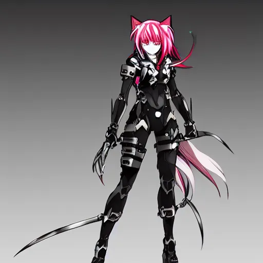 Image similar to An anime female with crimson hair, cat ears and tail, wearing an armor, drawn by Yoji Shinkawa highly detailed, trending on art station, sci-fi themed, dynamic posing