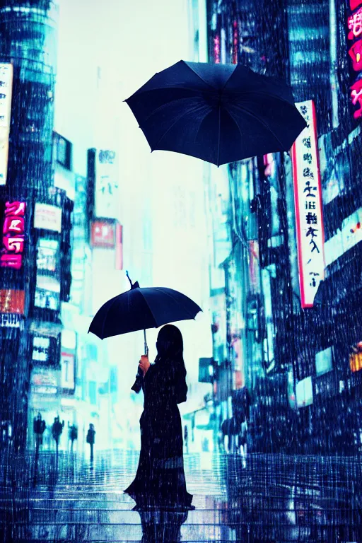 Image similar to A megan fox with an umbrella waiting to cross Shibuyas crossing in Japan, back facing the camera, rainy afternoon, beautiful volumetric lighting, intricate, digital painting, cyberpunk colours