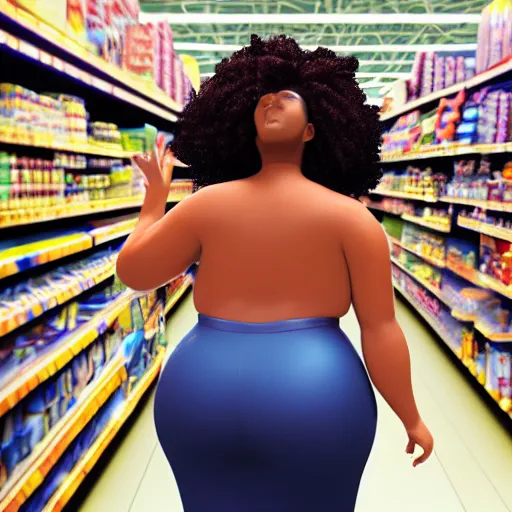 Prompt: high quality still of black bbw woman in wal-mart, 3d, in the style of pixar, comic book style, from behind, highly detailed, 16k resolution, octane renderer, coherent