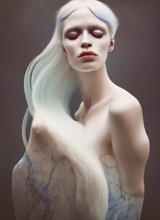 Image similar to cinestill 5 0 d photo portrait of a beautiful metamorphs with woman face, body in weird marble, white hair floating in air, in style of tim walker by roberto ferri, 1 5 0 mm lens, f 1. 2, ethereal, emotionally evoking, head in focus, bokeh volumetric lighting, tonal colors outdoor