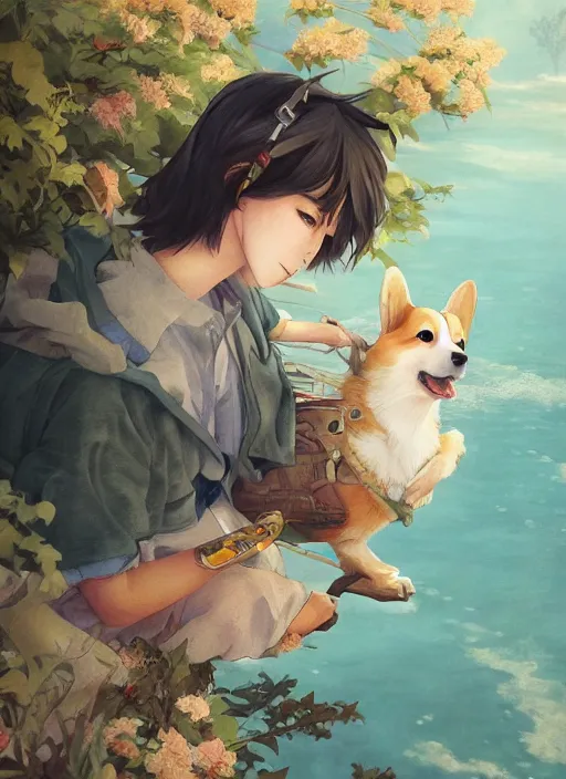 Prompt: beautiful fantasy anime painting of summer chill day with corgi, by Kenne Gregoire, James Jean, Tran Nguyen, WLOP, Jakub Rebelka. trending on Artstation, 8k, masterpiece, face enhance, graffiti paint, fine detail, full of color, intricate detail, golden ratio illustration