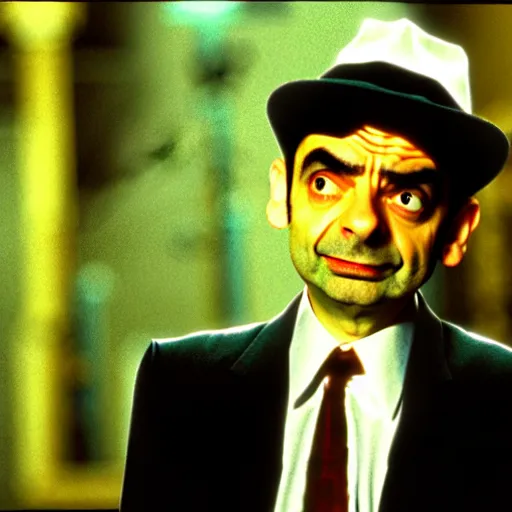 Image similar to mr. bean as a blues brother from the blues brothers movie. movie still. cinematic lighting.