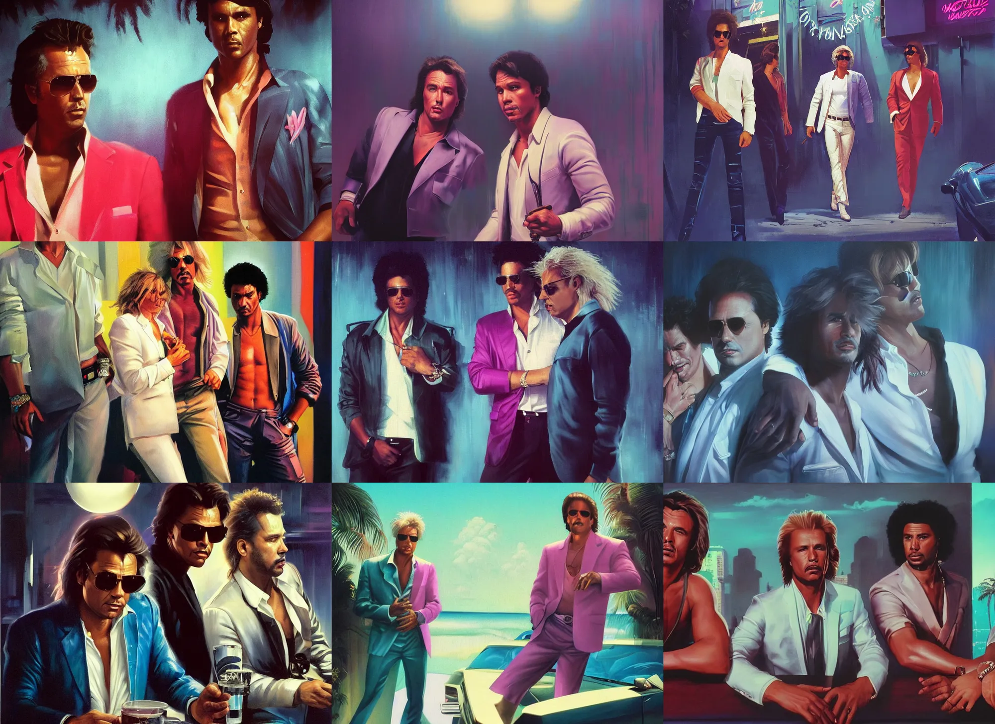 Image similar to a portrait painting of eighties miami vice, night club, don johnson and philip michael thomas, ultra realistic, highly detailed faces, true life, 8 k, masterpiece, cinematic, by frank frazetta, greg rutkowski, yoko taro, christian macnevin, beeple, wlop, krenz cushart, epic character art, volumetric lighting