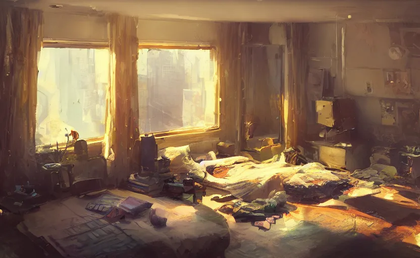 Image similar to a messy bedroom interior, scifi capsule apartment, painting by Craig Mullins, octane rendering, soft lighting, wide angle lens, worm's-eye view, in the style of Pixar animation, trending on artstation,