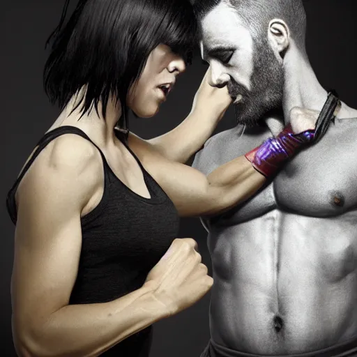 Prompt: an action photo of a black haired woman in a black tank top punching a man, muscular upper body, abs, d & d, fantasy, intricate, elegant, highly detailed, digital painting, artstation, concept art, smooth, sharp focus, realistic