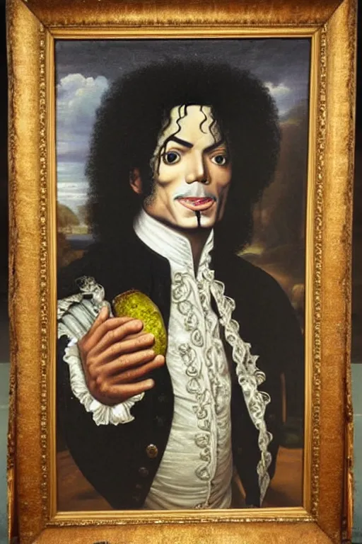 Image similar to a 1 6 0 0 s framed portrait painting of michael jackson holding a large pickle, intricate, elegant, highly detailed