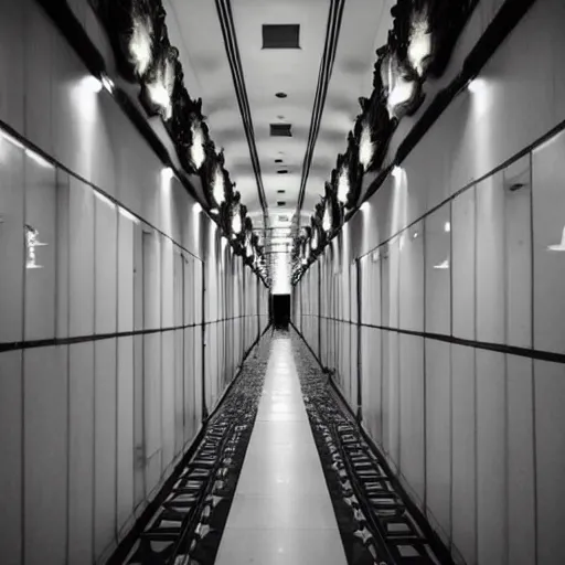 Image similar to very long hallway with some lights on, a tilt shift photo by ricardo bofill, trending on pinterest, modernism, art deco, high dynamic range, hall of mirrors