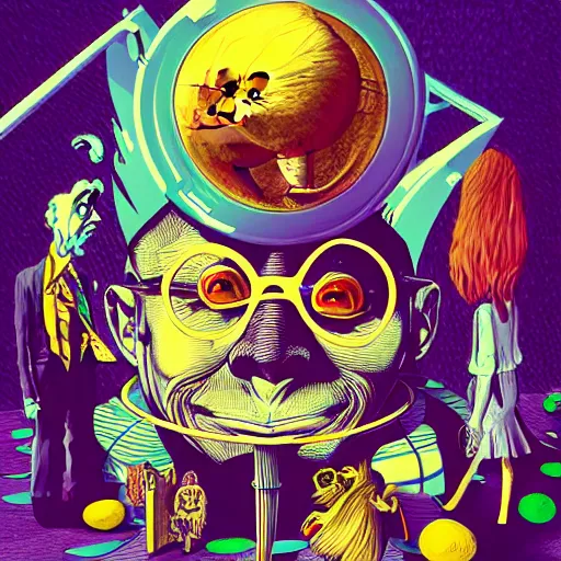 Prompt: graphic illustration, creative design, alice in wonderland with willy wonka, biopunk, francis bacon, highly detailed, hunter s thompson, concept art