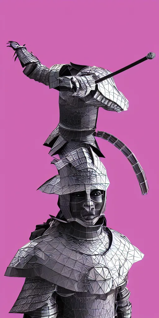 Image similar to samurai warrior in armor, 3 d render, polygonal, geometric, lilac background, vaporwave, hd, 4 k, poster