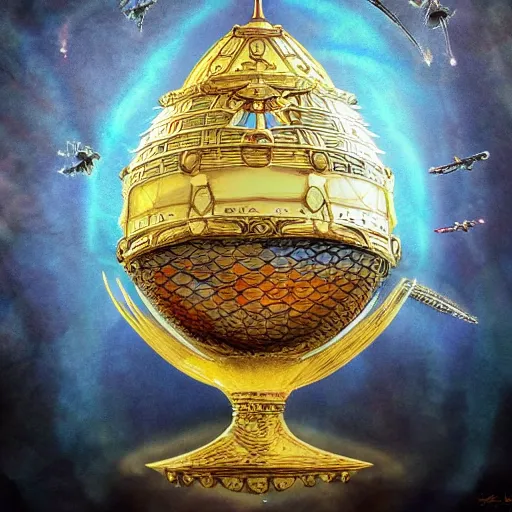 Image similar to enormous flying city in a faberge egg, sky, steampunk, fantasy art, masterpiece