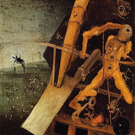 Image similar to Painting of man with his hands bound, his head covered in a rough sack made of jute, wearing a 3-piece suit, hanging upside down from a tower, while fiery imps dance and cavort below him, by Hieronymus Bosch.