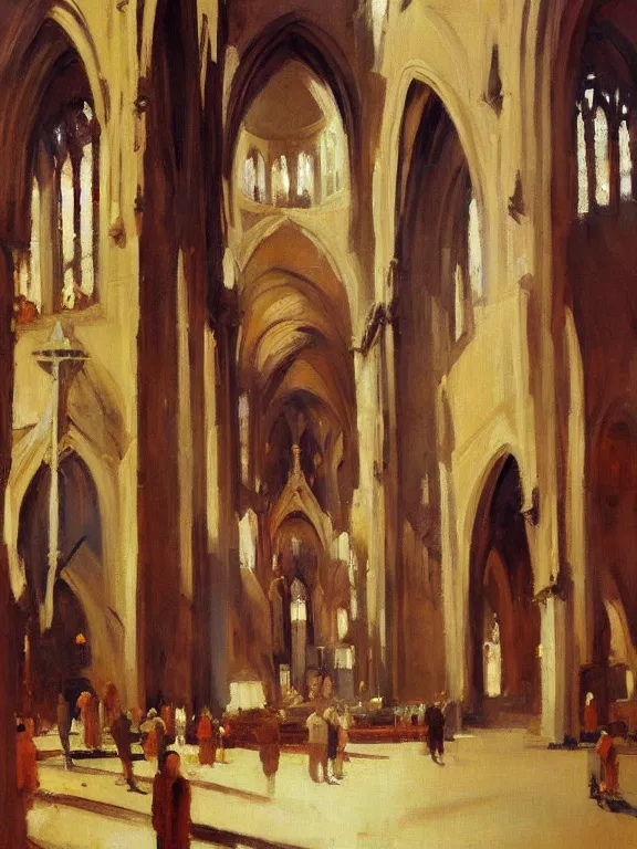 Prompt: the inside of a cathedral by Gregory manchess