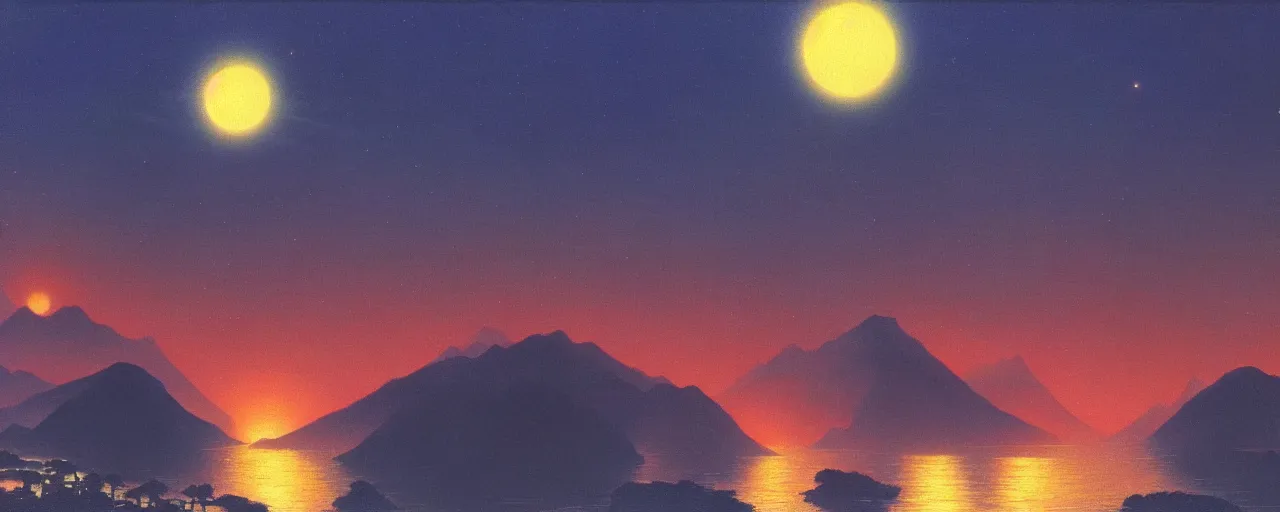 Image similar to awe inspiring bruce pennington landscape, digital art painting of 1 9 8 0 s, japan at night, 4 k, matte