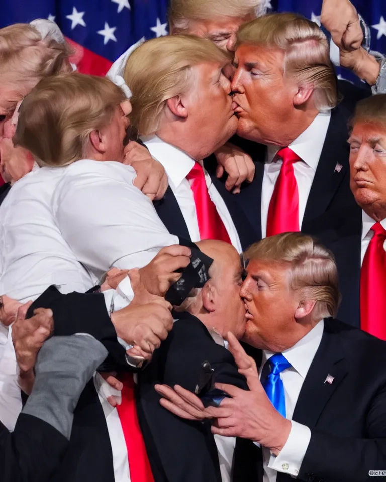 Prompt: high quality photo of donald trump kissing donald trump. donald trump kissing donald trump. donald trump kissing donald trump. donald trump and donald trump kissing. award winning. hq. hd. brilliant. funny