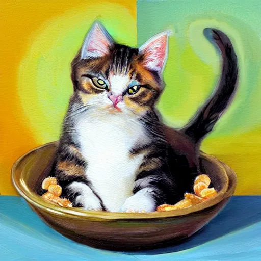 Image similar to cat inside of a bowl of cereal, oil painting, cute, kawaii, adorable, award winning, digital art