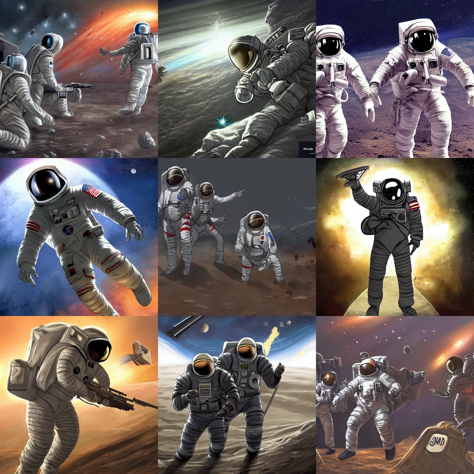 Prompt: an astronaut shoot a group of soilder in the space. trending on art station.