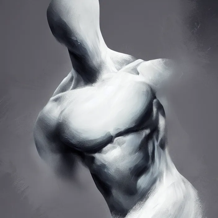 Image similar to closeup of a thin, athletic physique man's body imade of abstract, thick flowing dramatic brush strokes, no face, strong wind, white background, matte colors, impressionist, extreme motion, trending on artstation