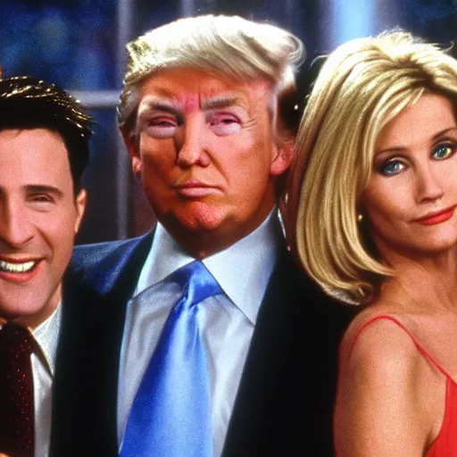 Image similar to donald trump has a guest role in friends, movie still, nineties, comedy, laughing