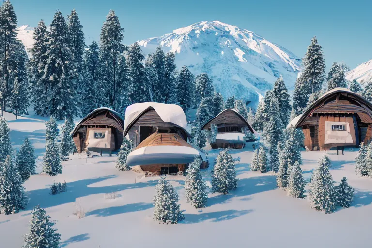 Image similar to futuristic cottage settlement with in the forest with Elbrus mountain covered by snow on the background, architecture, 3d render 8k , high details