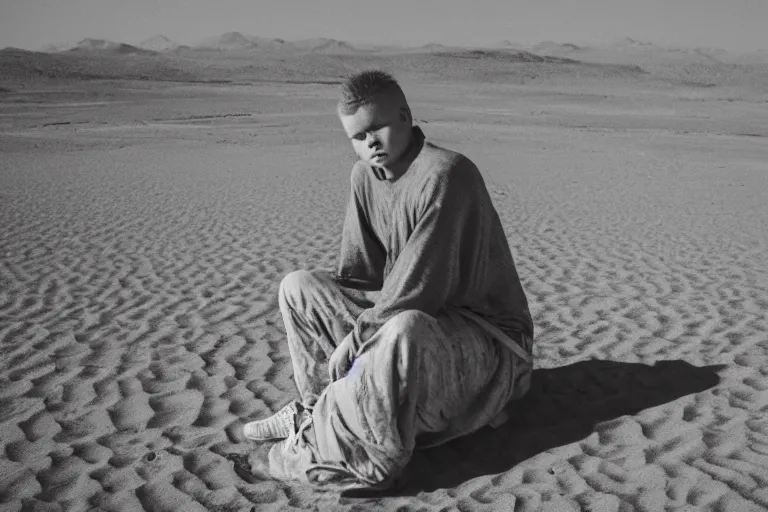 Image similar to Golden statue of Yung Lean in the middle of the Gobi Desert, award-winning photo, 35mm film