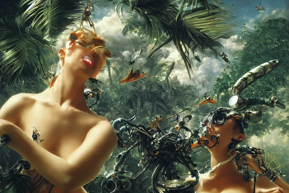 Image similar to an extreme close - up of a cyborg nymph playing with a giant insect surrounded by saxophones, palm trees, jungle fruit, and stylized designer modular chrome eye candy, volumetric light caustics clouds of smoke, by hajime soryama, boris vallejo, bouguereau, mamoru nagano