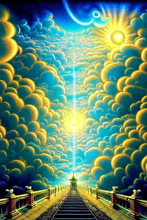 Prompt: a photorealistic detailed cinematic image of a departed soul crossing the ornate bridge, divinity, spiritual enlightenment, cumulus clouds, reincarnation cycle, life and death, triumph of the soul, isometric, by pinterest, david a. hardy, kinkade, lisa frank, wpa, public works mural, socialist