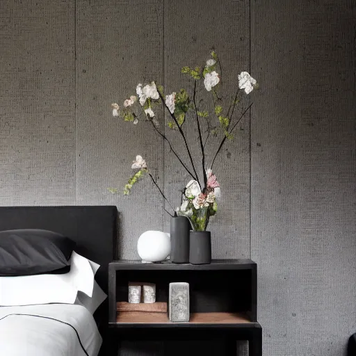 Image similar to bedroom, stone, interior design, stylish luxury hotel bedroom design, yakisugi, black vertical slatted timber, textures, feminine, black walls, art, Japanese pottery vase with flowers, kakejiku, seasonal, Japanese influences