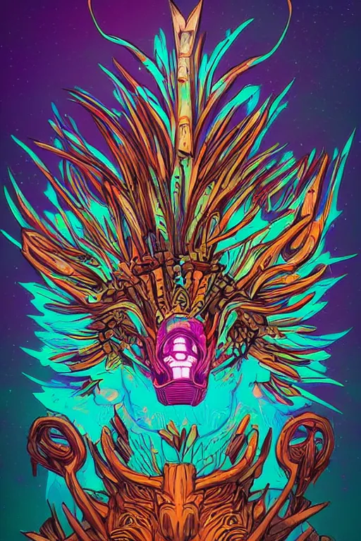 Image similar to totem animal tribal chaman vodoo mask feather gemstone plant wood rock video game illustration vivid color borderlands by josan gonzales and dan mumford radiating a glowing aura